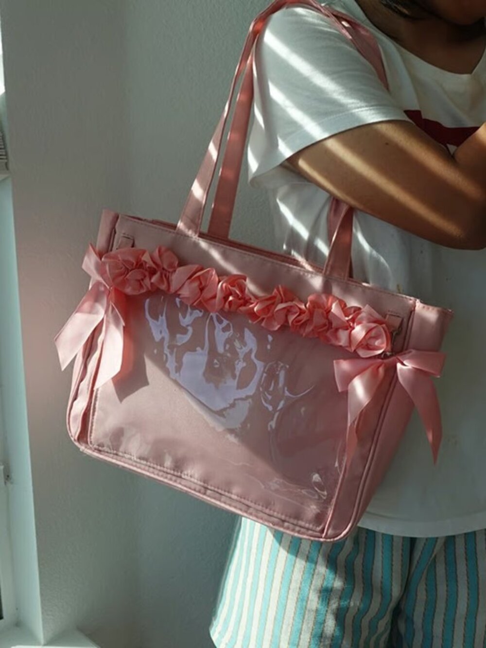 PINK Y2K Kawaii Tote Ita Bag with Insert, Large Cute Shoulder Itabag, Pin bags.